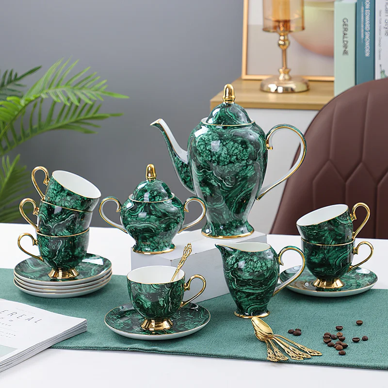 Coffee Tea Sugar - Porcelana kostna czajniczek szklanka zielona złota
