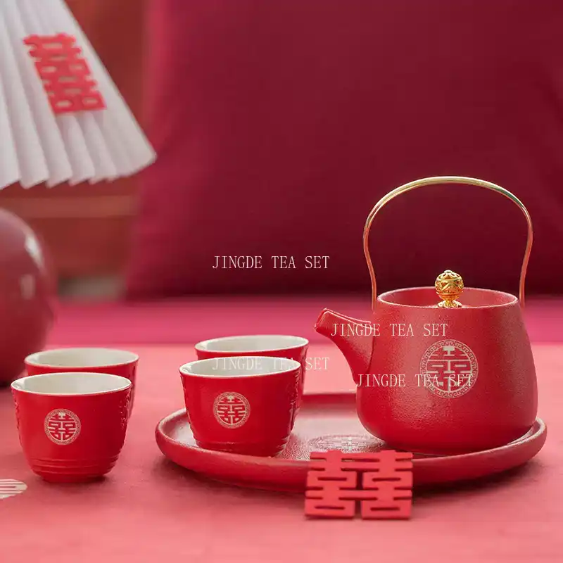 Coffee Tea Set Up - Czerwony ceramiczny podwójne szczęście zestaw do